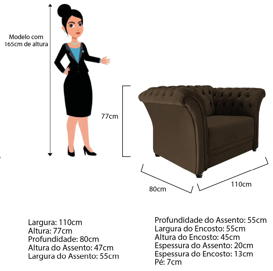 Poltrona Decorativa Chesterfield Sofia Suede Marrom - ADJ Decor