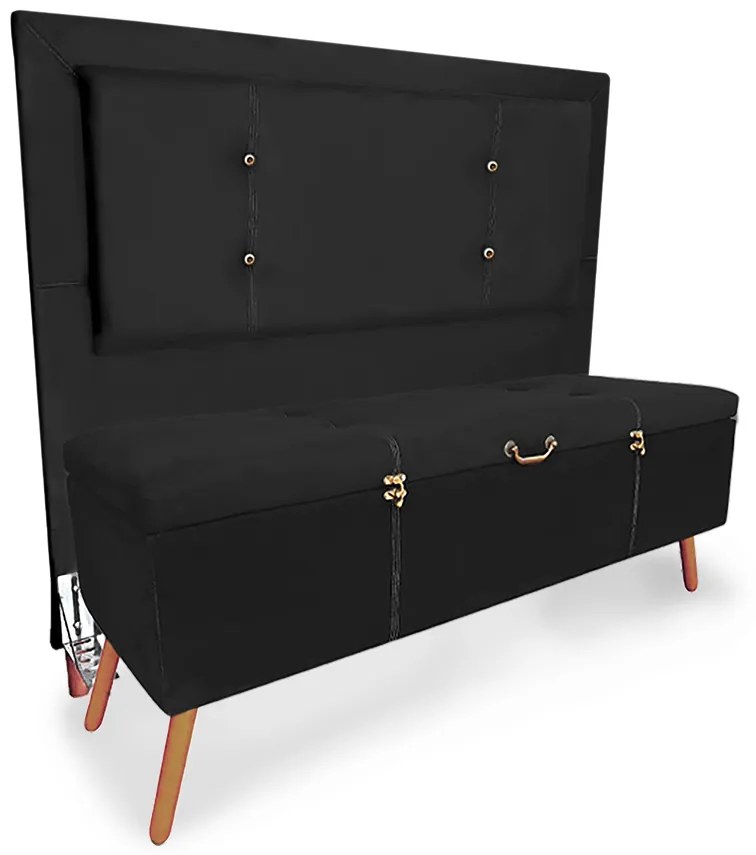 Cabeceira com Calçadeira Baú Solteiro 90cm Caribe Suede Preto - Sheep Estofados - Preto