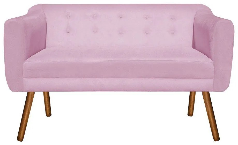Kit 01 Namoradeira 02 Lugares e 02 Poltronas Julia Suede Rosa Bebê Pés Palito Castanho D'Rossi