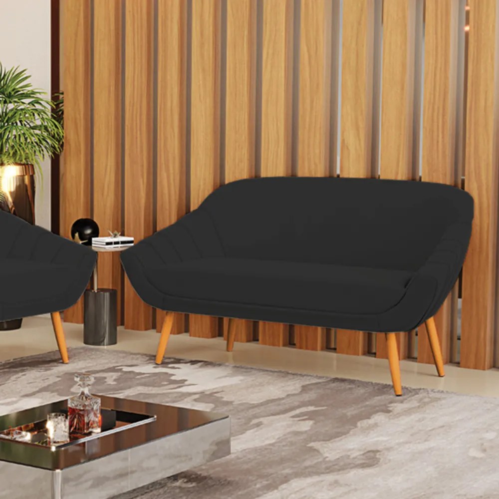 Namoradeira 02 Lugares Giovana Veludo Pés Palito Castanho - Indo Decorar - Preto
