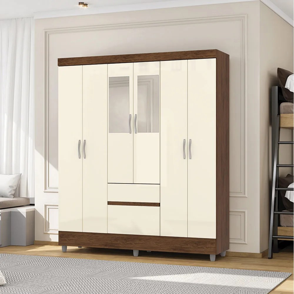 Guarda Roupa Casal Abruzzo 6 Portas de Bater 2 com Espelhos 2 Gavetas Nogueira/OffWhite G98 - Gran Belo