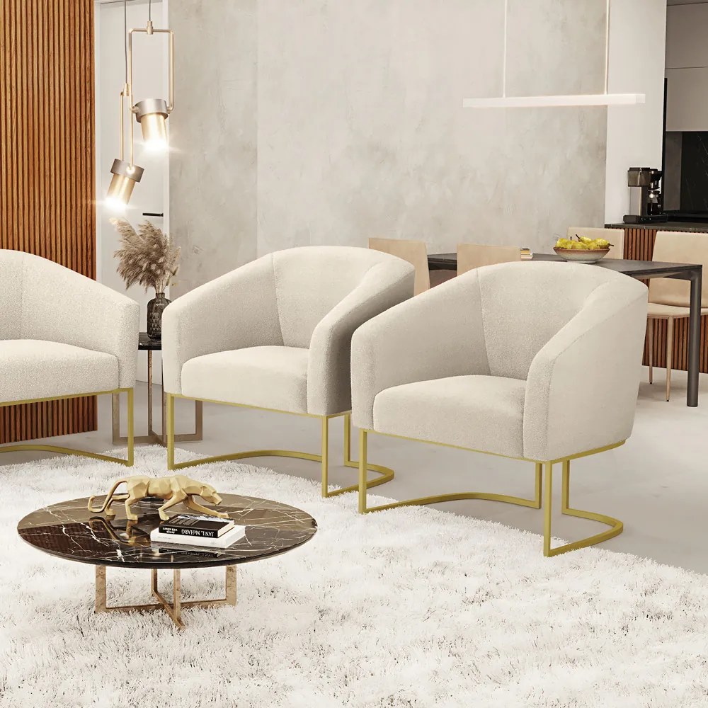 Cadeira Sala de Jantar Base Industrial Dourada Kit 2 Stella Bouclê D03 - D'Rossi - Bege