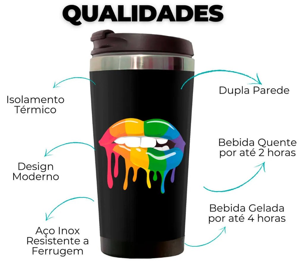 Copo Térmico 500ml Inox Boca Lábios Coloridos Molhados