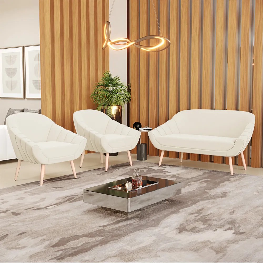 Kit 01 Namoradeira 02 Lugares e 02 Poltronas Giovana Veludo Bege Pés Palito Natural - Indo Decorar