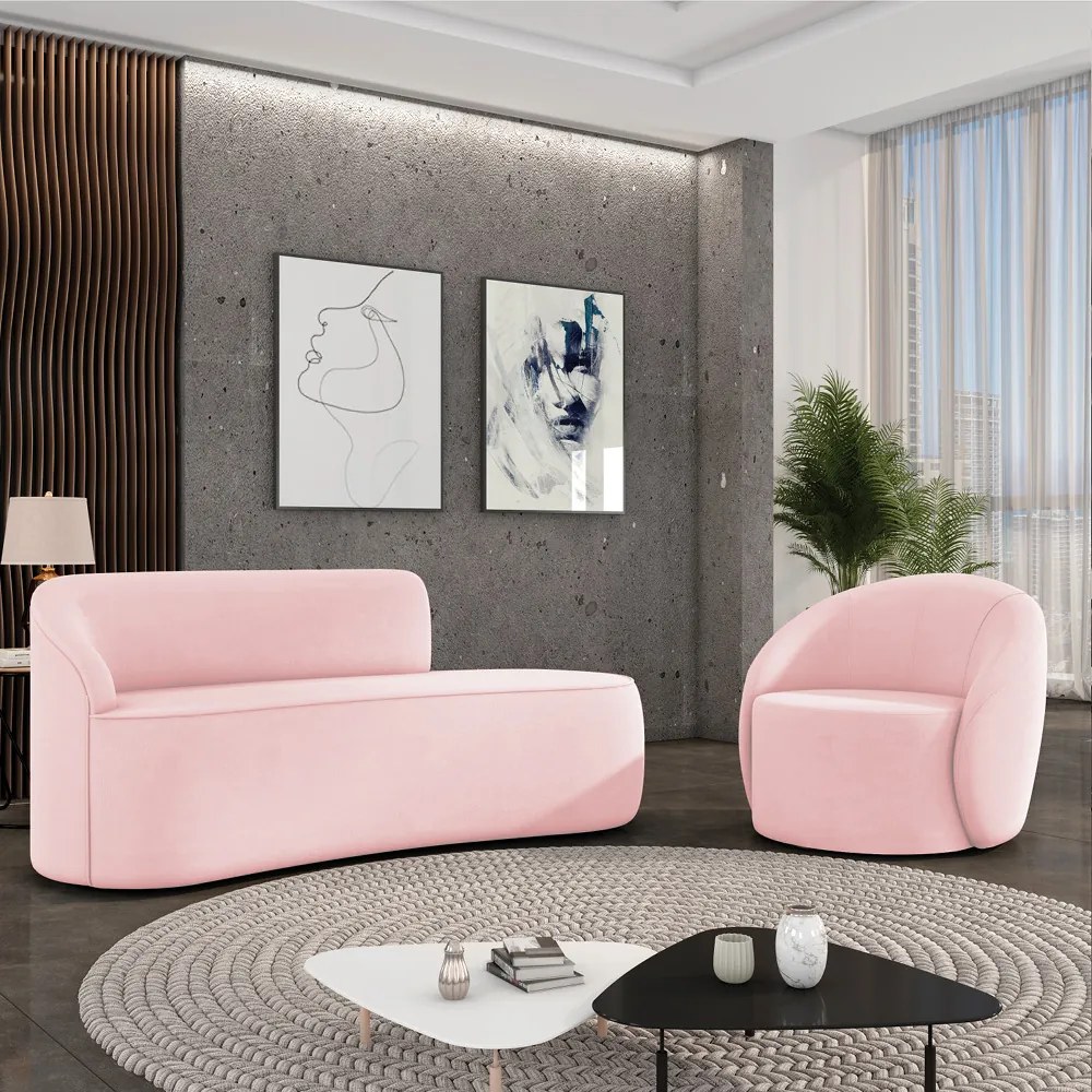 Sofá 2 Lugares Orgânico 140cm Morgan e Poltrona Lua Suede D03 - D'Rossi - Rosa Bebê
