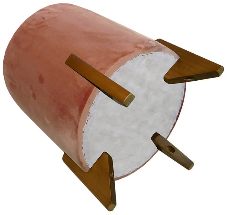 Puff Redondo Evo Peach em Veludo com Pés Escandinavo - Rosa - Pequeno 35cm