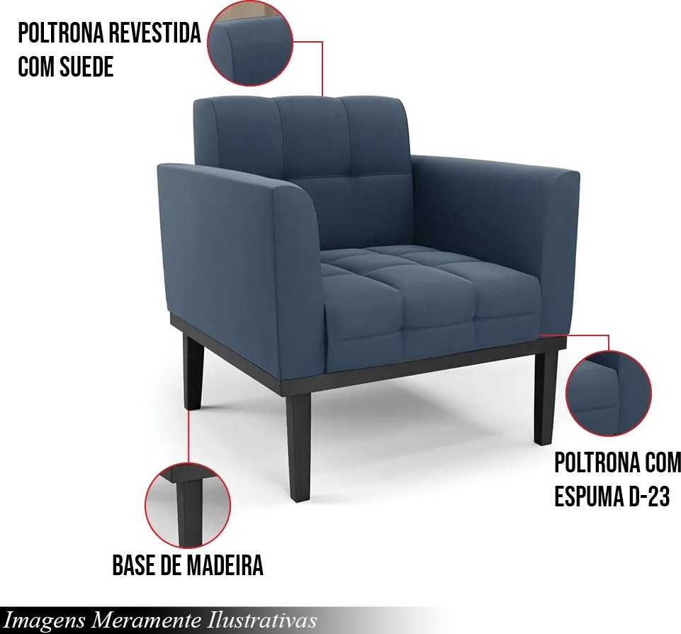 Kit 2 Poltronas Decorativas Karen Pés Fixo em Madeira Preto Suede Azul Marinho G19 - Gran Belo
