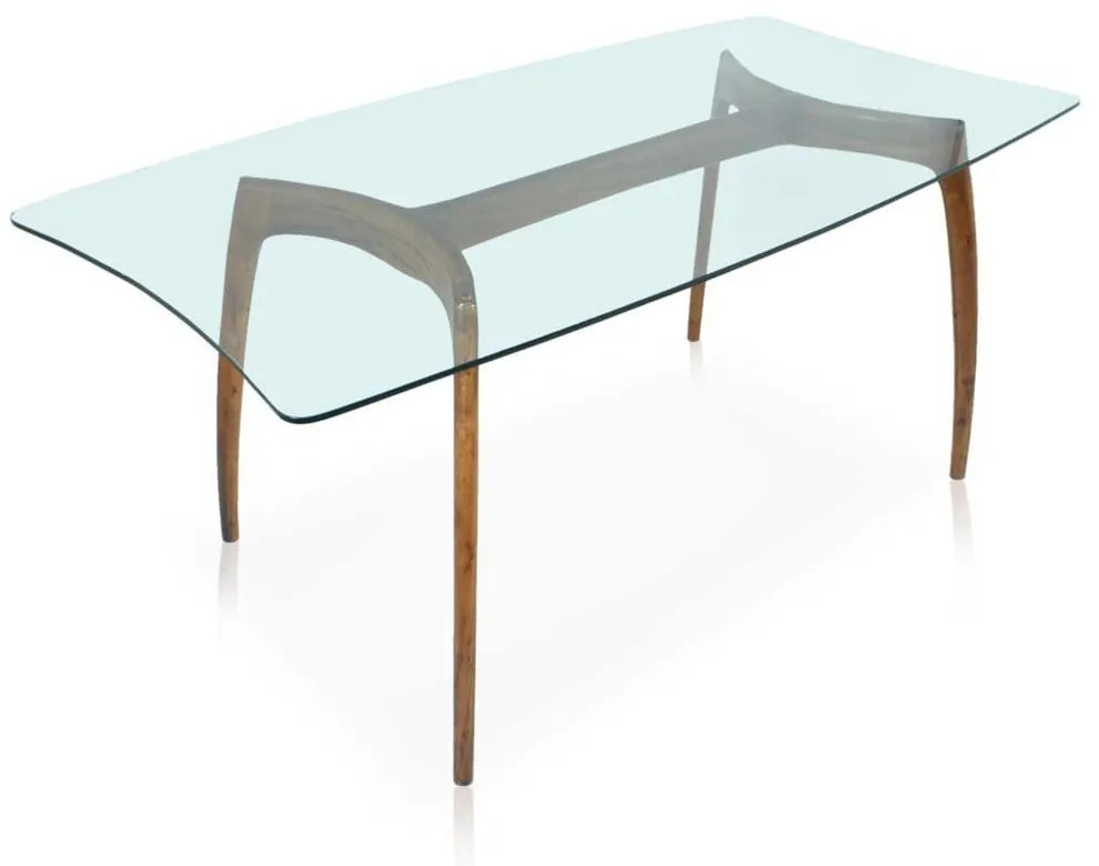 Mesa de Jantar Design 6 Lugares Tampo de Vidro Base Madeira Eucalipto Design Retrô