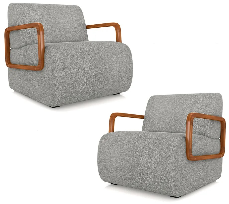 Kit 2 Poltronas Decorativa Sala de Estar Odessa Braços em Madeira Bouclê Cinza G33 - Gran Belo