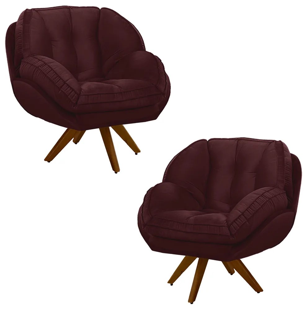 Kit 2 Poltronas Decorativas Base em Madeira Giratória Giroud Veludo Marsala G33 - Gran Belo