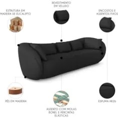 Sofá 3 Lugares 272cm Orgânico Pé Madeira Yume Veludo Preto Z55 - Mpoze