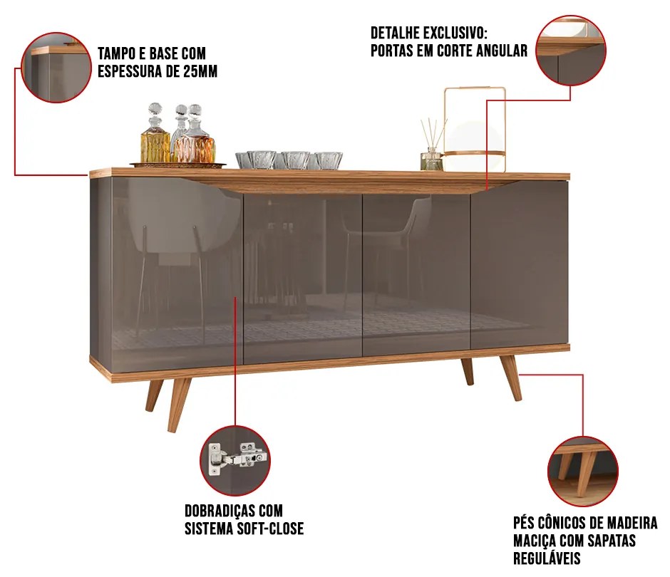 Aparador Buffet 4 Portas Kira C02 - D'Rossi - Cinza Pérola e Noce