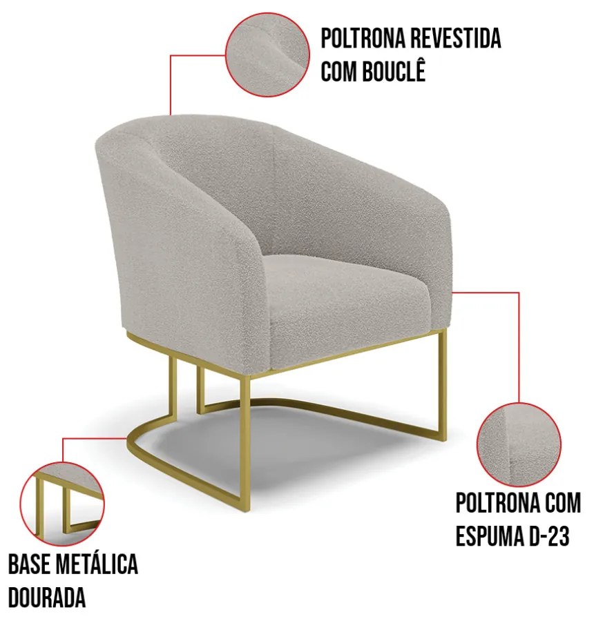 Poltrona Decorativa Industrial Dourado kit 2 Stella Bouclê D03 - D'Rossi - Cinza