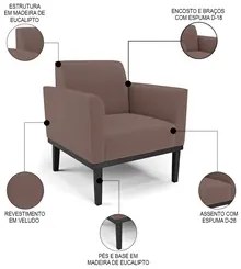 Sofá Namoradeira e 2 Poltronas Base Madeira Preto Maressa Veludo Rosê
