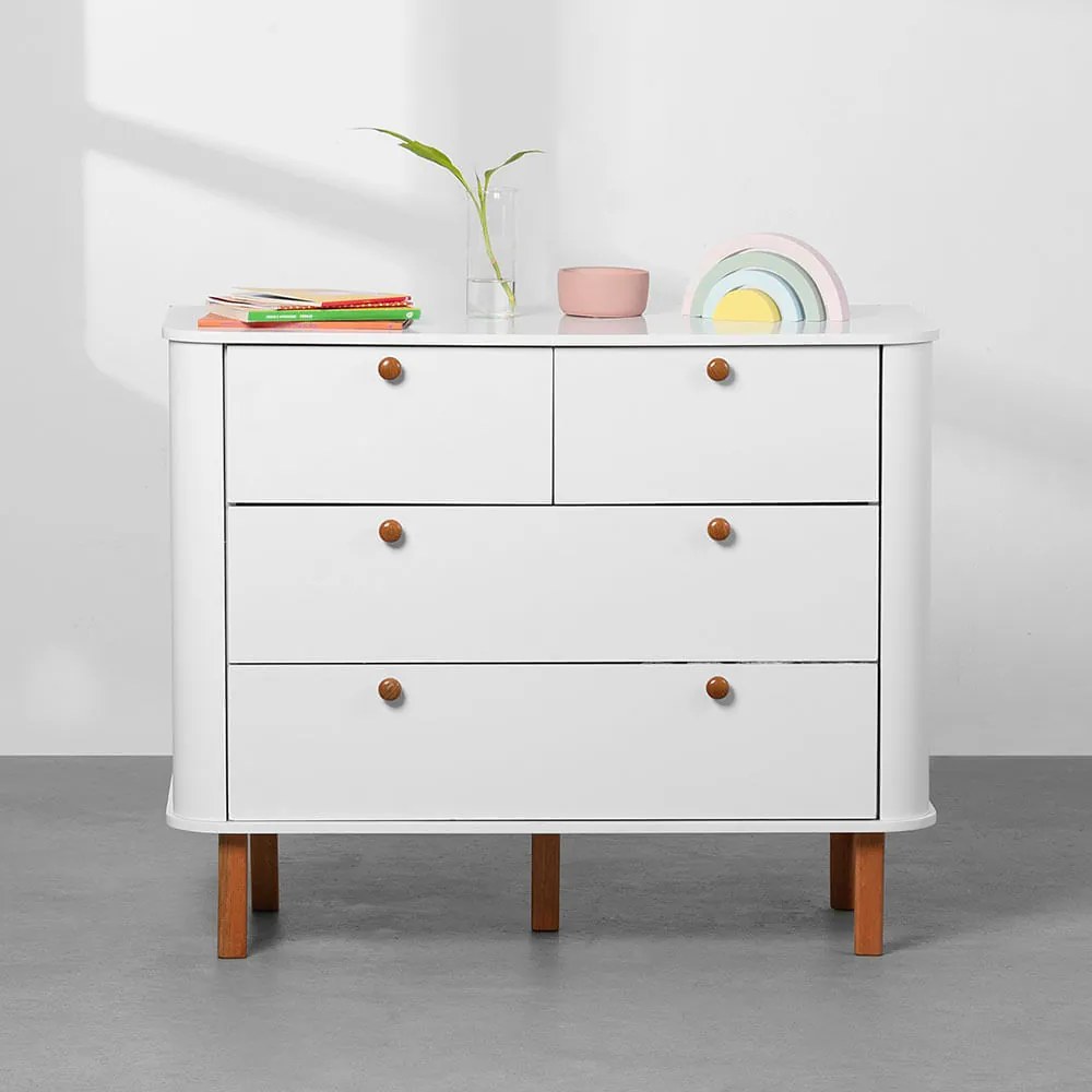Cômoda Curva Pina 4 Gavetas - Branco e Amêndoa