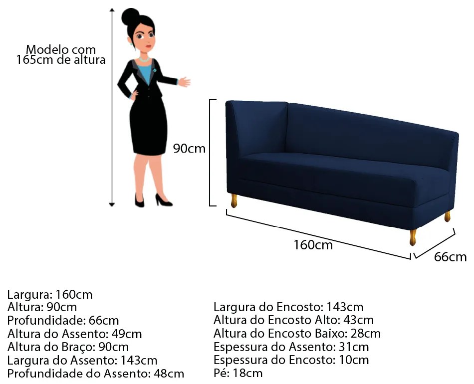 Recamier Valéria 160cm Lado Esquerdo Suede Azul Marinho - ADJ Decor
