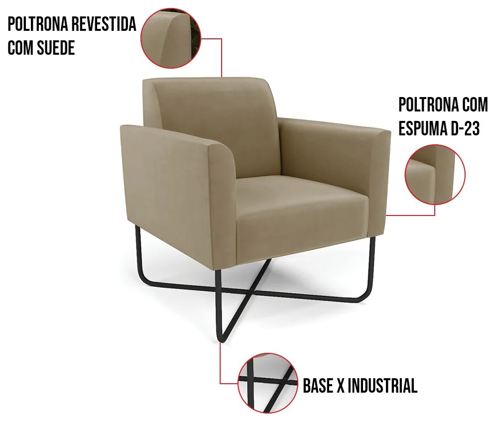Poltrona Base X Industrial Preto Marisa Suede - Marrom Rato