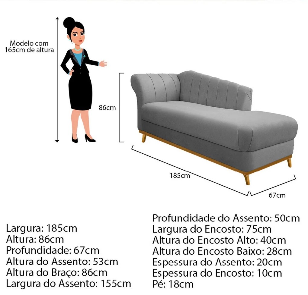 Recamier Vanessa 185cm Lado Esquerdo Suede Cinza - ADJ Decor