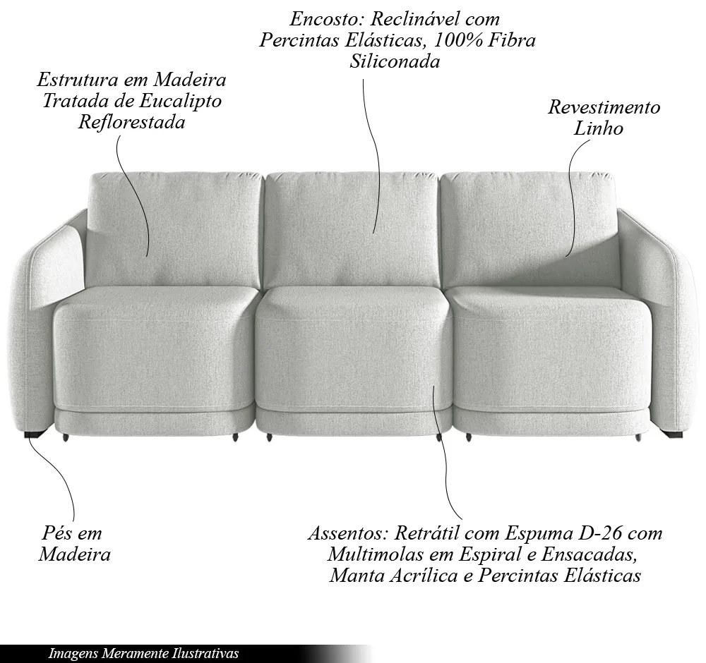 Sofá Cama Modulado Retrátil e Reclinável Decorativo Varsóvia 246cm Linho Cinza G33 - Gran Belo
