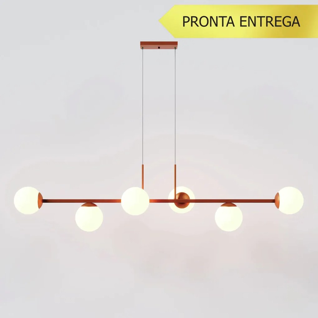 Pendente Six Retângular 124X25,5X27Cm Alumínio E Globo Ø12Cm Fosco 6Xg... (COBRE, FOSCO)