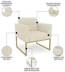 Sofá Namoradeira e 2 Poltronas Base Industrial Dourado Ana Linho Bege