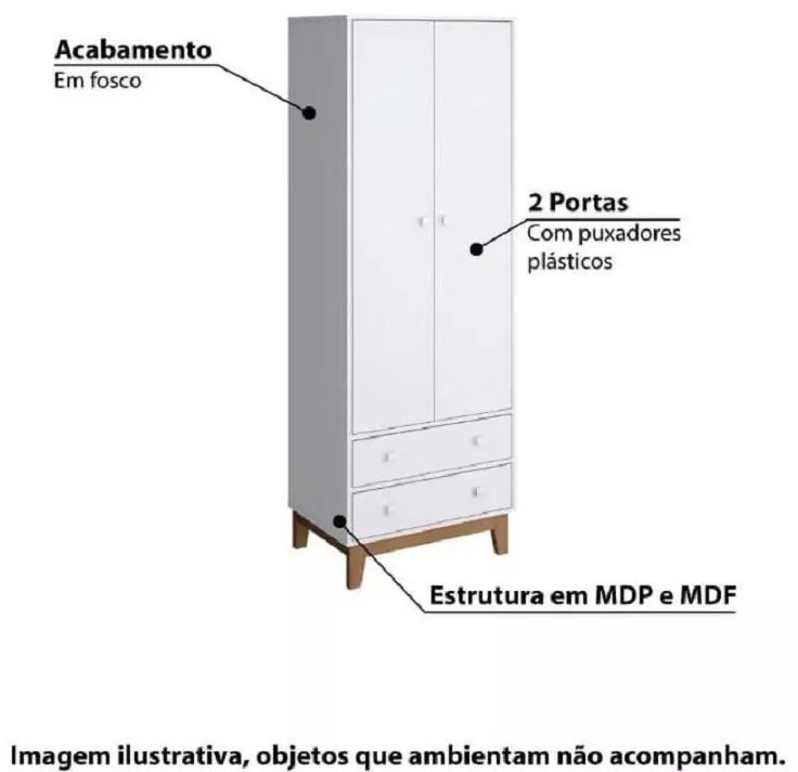 Guarda Roupa Infantil 2 Portas 2 Gavetas Retrô Branco BY140