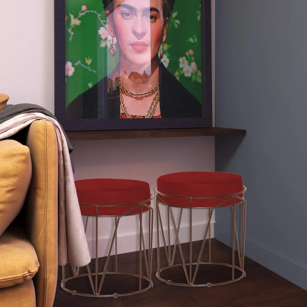 Puff Decorativo Sala de Estar Base Bronze Chloe Veludo Vermelho G41 - Gran Belo