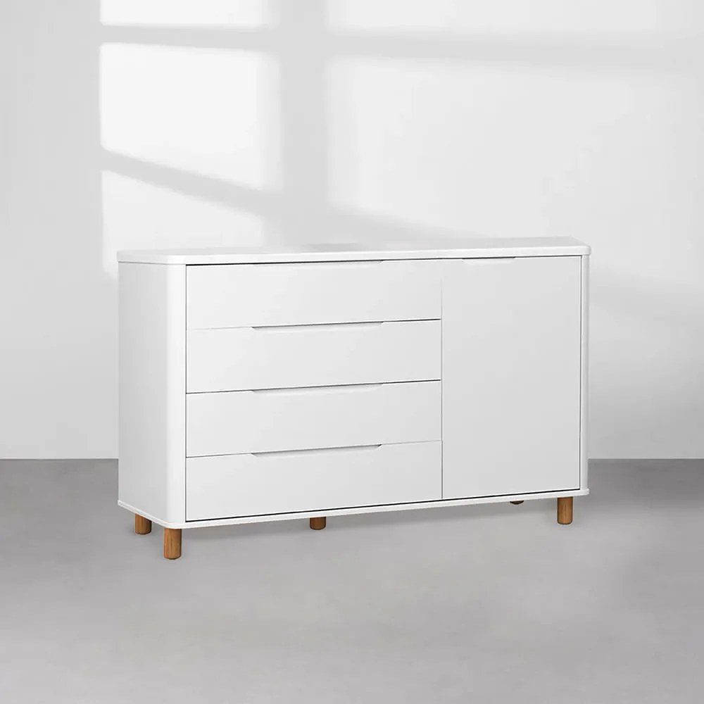 Cômoda Boom 4 Gavetas e 1 Porta com Pés Nordic Mel - Branco