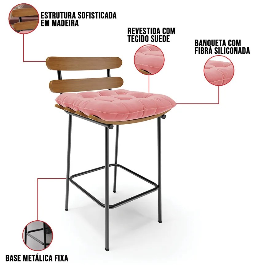 Banqueta Costela Suede Base Metálica Preto J01 - D'Rossi - Rose
