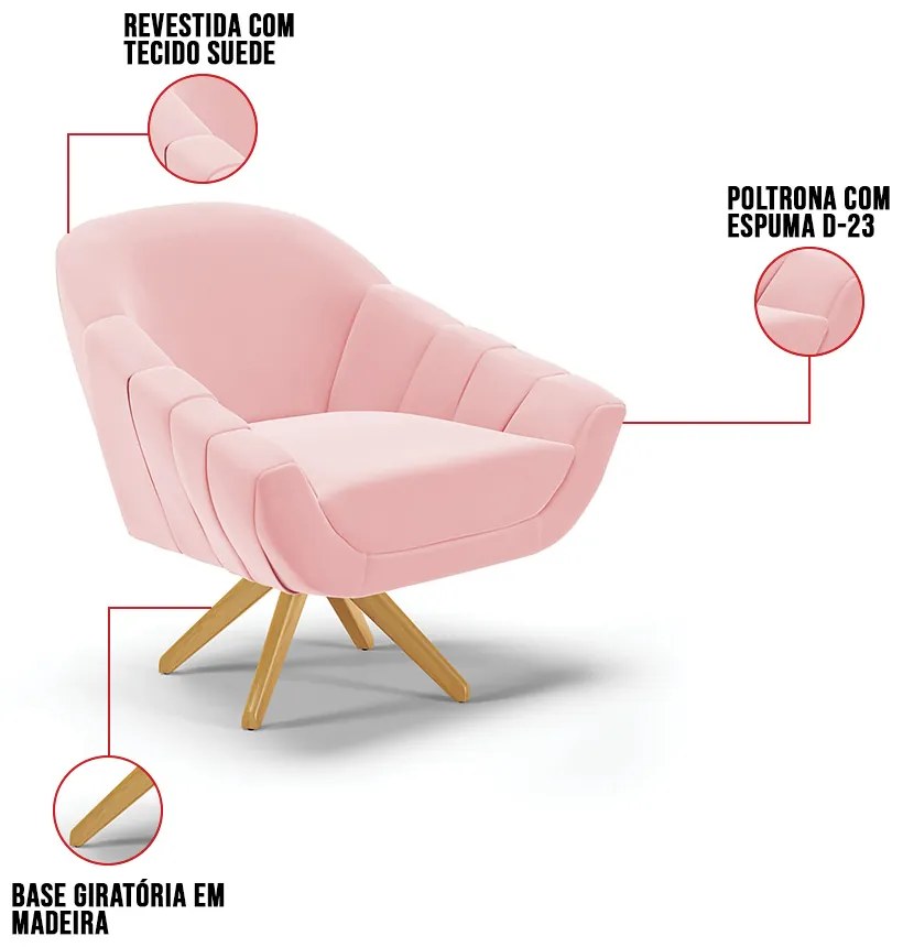 Poltrona Giratória Giovana Suede Base Madeira MA30 D03 - D'Rossi - Rosa Bebê