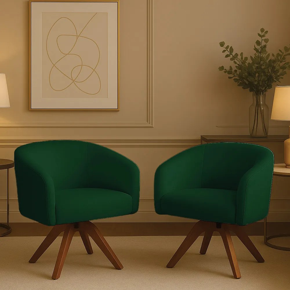 Poltrona Sala Base Giratória Madeira Kit 2 Arielle Bouclê D03 - D'Rossi - Verde