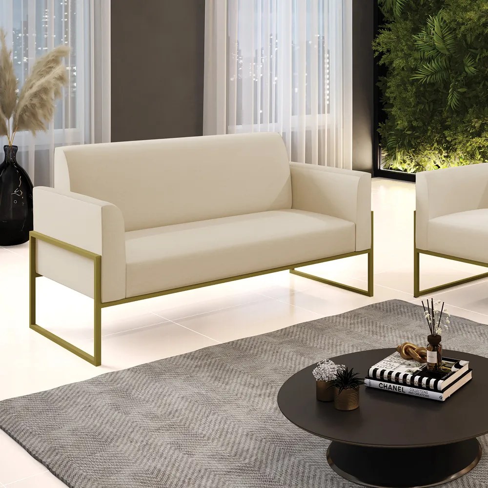 Sofá Namoradeira Base Industrial Alta Dourado Marisa Corino D03 - D'Rossi - Bege