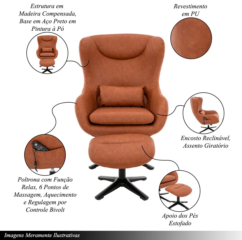 Poltrona Reclinável Giratória Ohio com Apoio para os Pés Massagem Aquecimento PU Caramelo G56 - Gran Belo