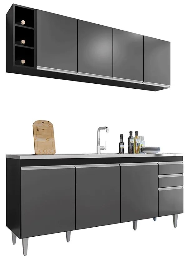 Conjunto Balcão de Cozinha para Pia Apex Armário Aéreo MDP/BP Preto/Grafite G96 - Gran Belo