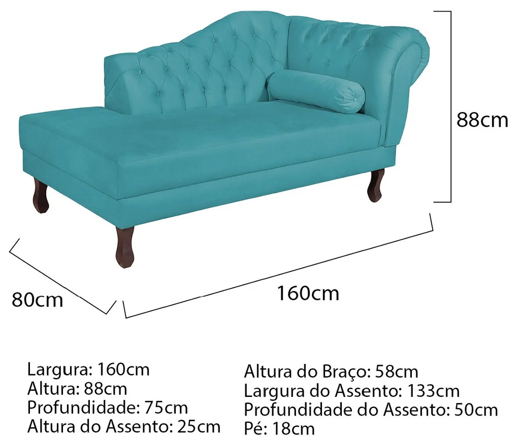 Recamier Diana 160cm Lado Esquerdo Suede Azul Turquesa - ADJ Decor