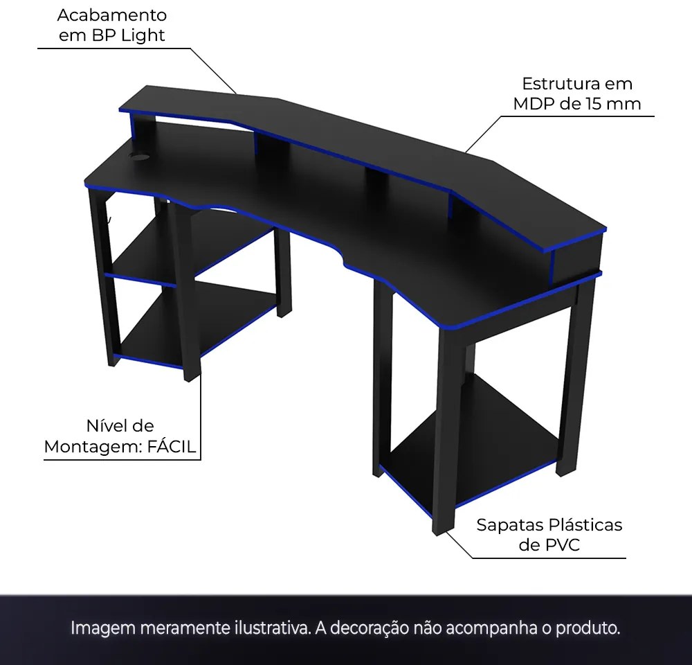 Conjunto Mesa Armário Estante e Gaveteiro para Escritório Home Office Gamer Cool MDP Preto/Azul G69 - Gran Belo
