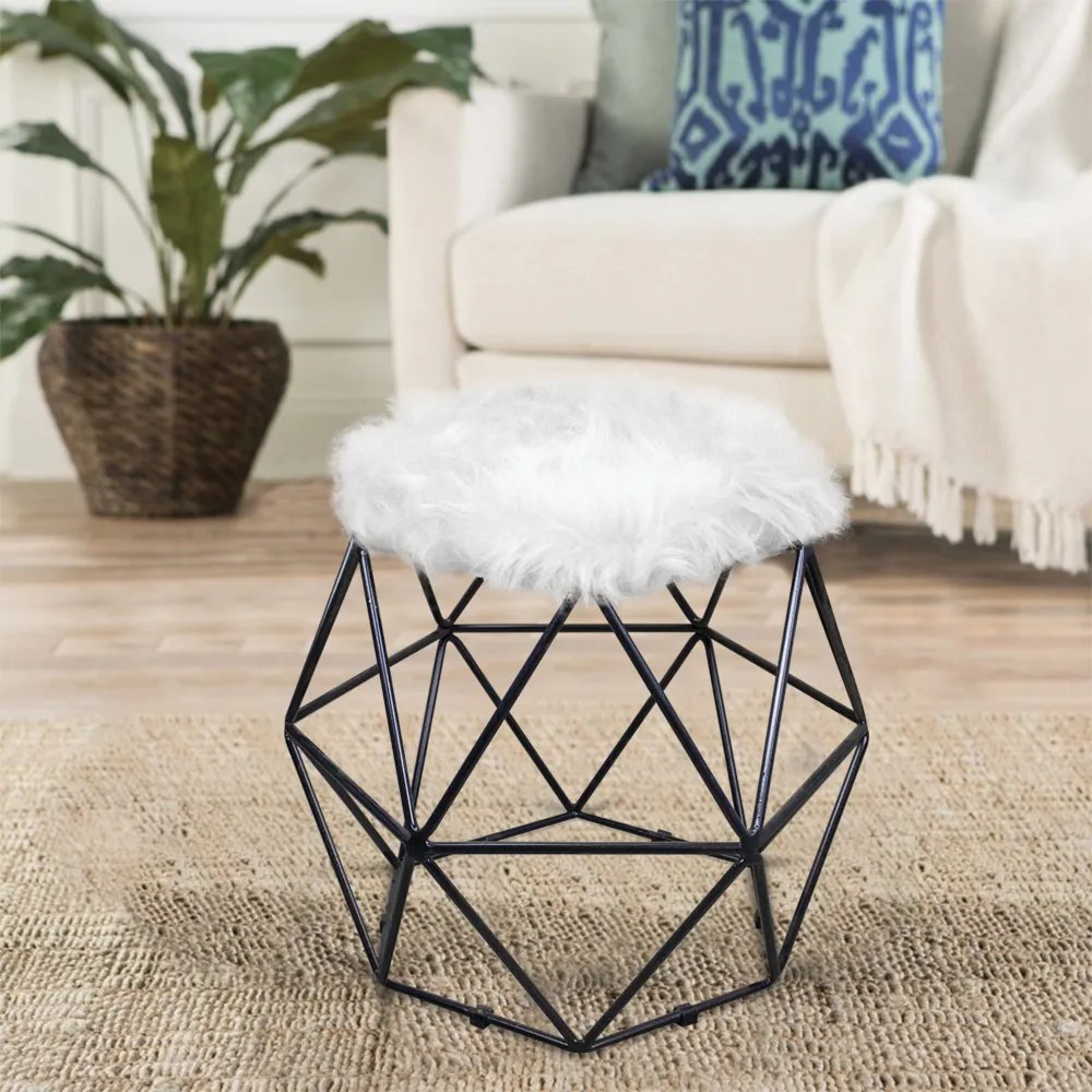 Puff Aramado Hexágono Decorativo Industrial Preto com Pelúcia Branco D03 - D'Rossi