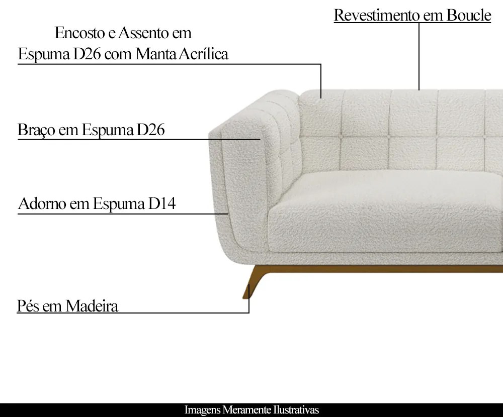 Sofá Decorativo Sala de Estar 180cm Rocket 2 Lugares Base Madeira Boucle Branco G45 - Gran Belo