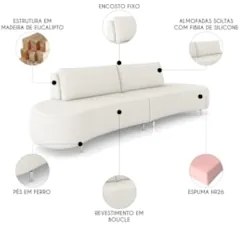 Sofá 3 Lugares 200cm Orgânico Pé Ferro Nagai Bouclê Cru Z55 - Mpozenat