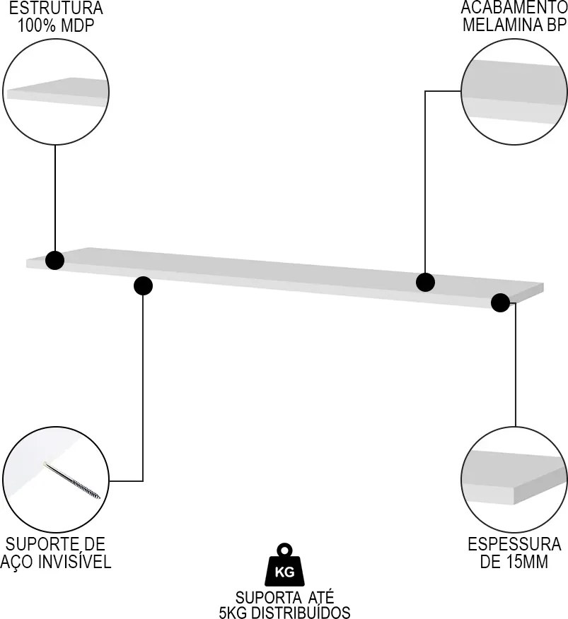 Prateleira Madeira Flutuante Multiuso Kit 3 68x20 Luara L06 - D'Rossi - Branco
