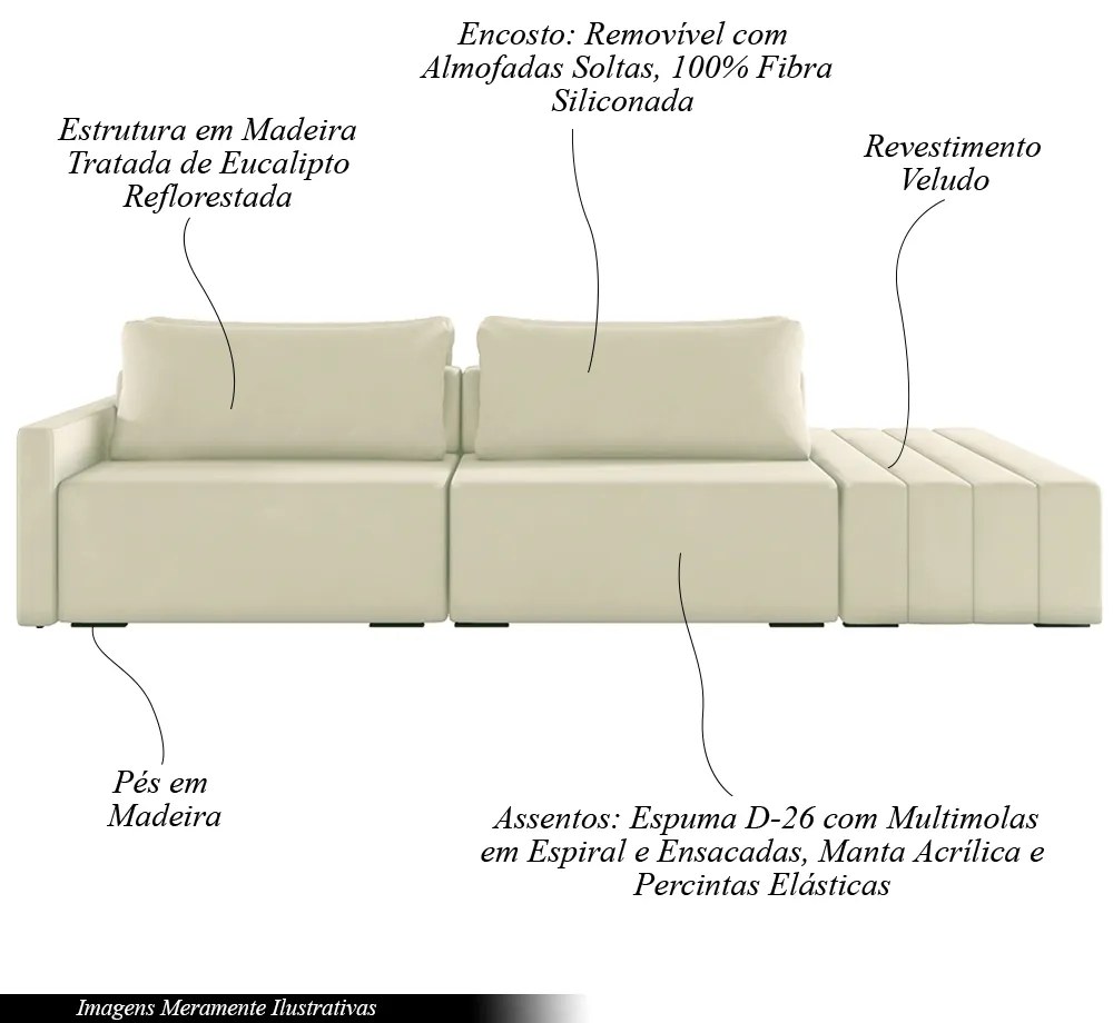 Sofá Ilha Modulado Milos 232cm Puff Lateral Veludo Bege G33 - Gran Belo