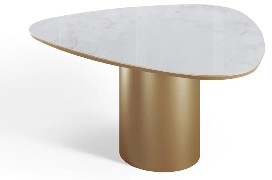 Mesa de Jantar Mila Tampo Orgânico em Vidro Marmorizado Base Cilíndrica em Aço Carbono com Pintura Epóxi