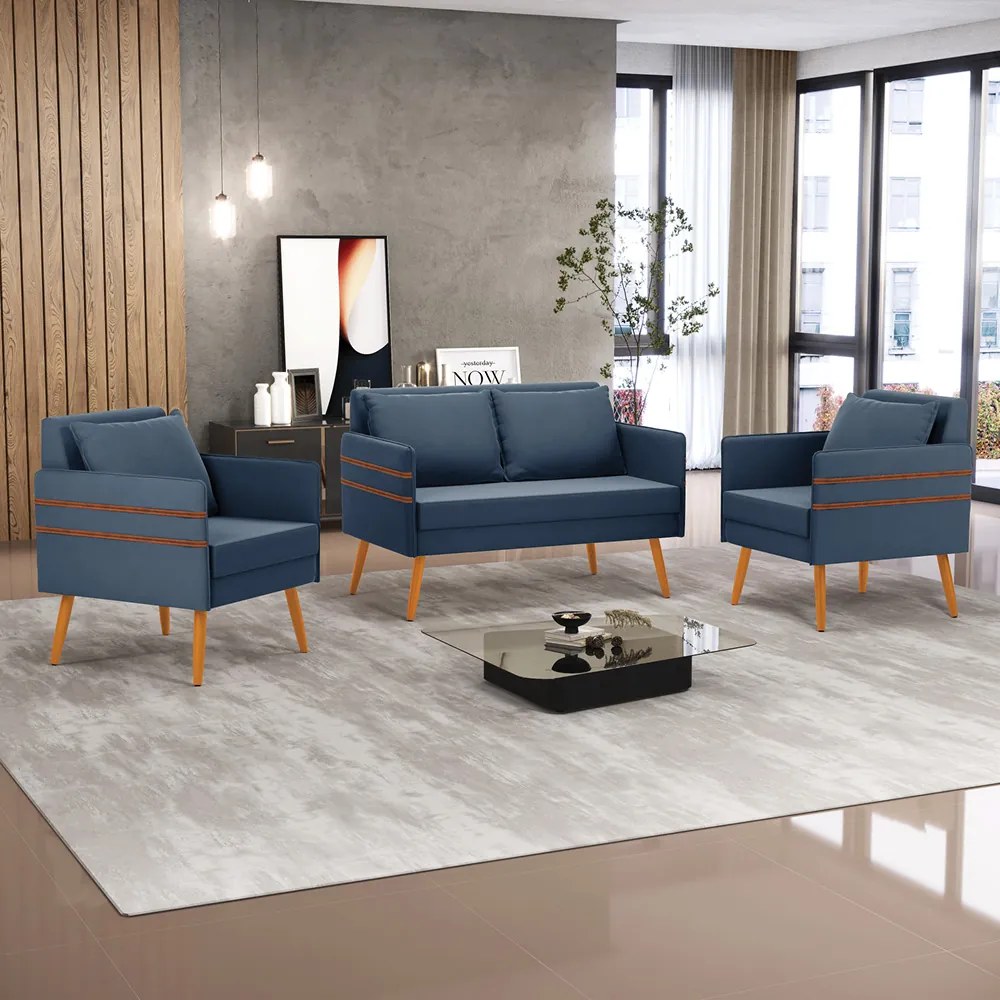 Kit 01 Namoradeira 02 Lugares e 02 Poltronas Mari Suede Pés Palito Castanho - D'Rossi - Azul Marinho
