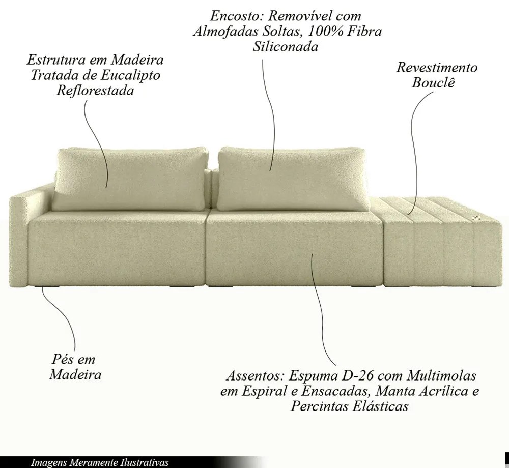 Sofá Ilha Modulado Milos 252cm Puff Lateral Bouclê Off White G33 - Gran Belo