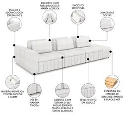 Sofá Ilha e Puff Sala Living 335cm Siesta M22 Boucle Bege Claro - Mpoz