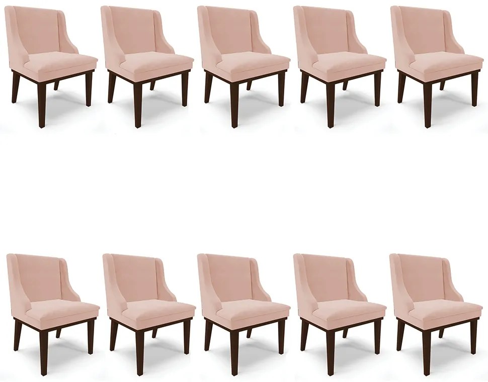 Kit 10 Cadeiras de Jantar Liz Veludo Rosê Base Fixa Madeira Preto D03 - D'Rossi