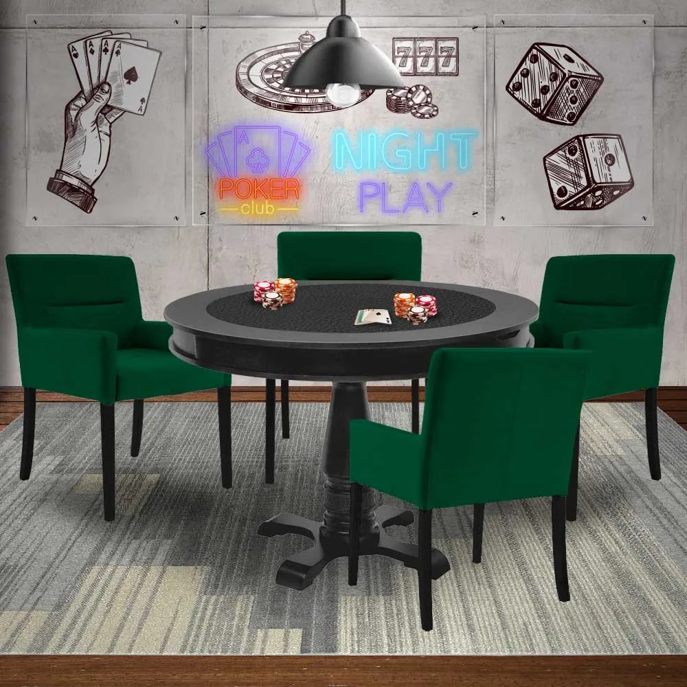 Mesa de Jogos Carteado Redonda Victoria Tampo Reversível Preto com 4 Cadeiras Vicenza Verde G36 G15 - Gran Belo