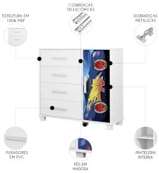 Cômoda Infantil Para Quarto 80cm 4 Gavetas Carro Azul Z53   - Mpozenat