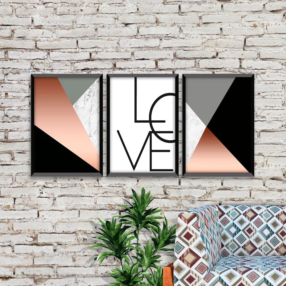 Kit 03 Quadros Decorativos Rose Gold "Love" 43x33 Cm Cada - D'Rossi