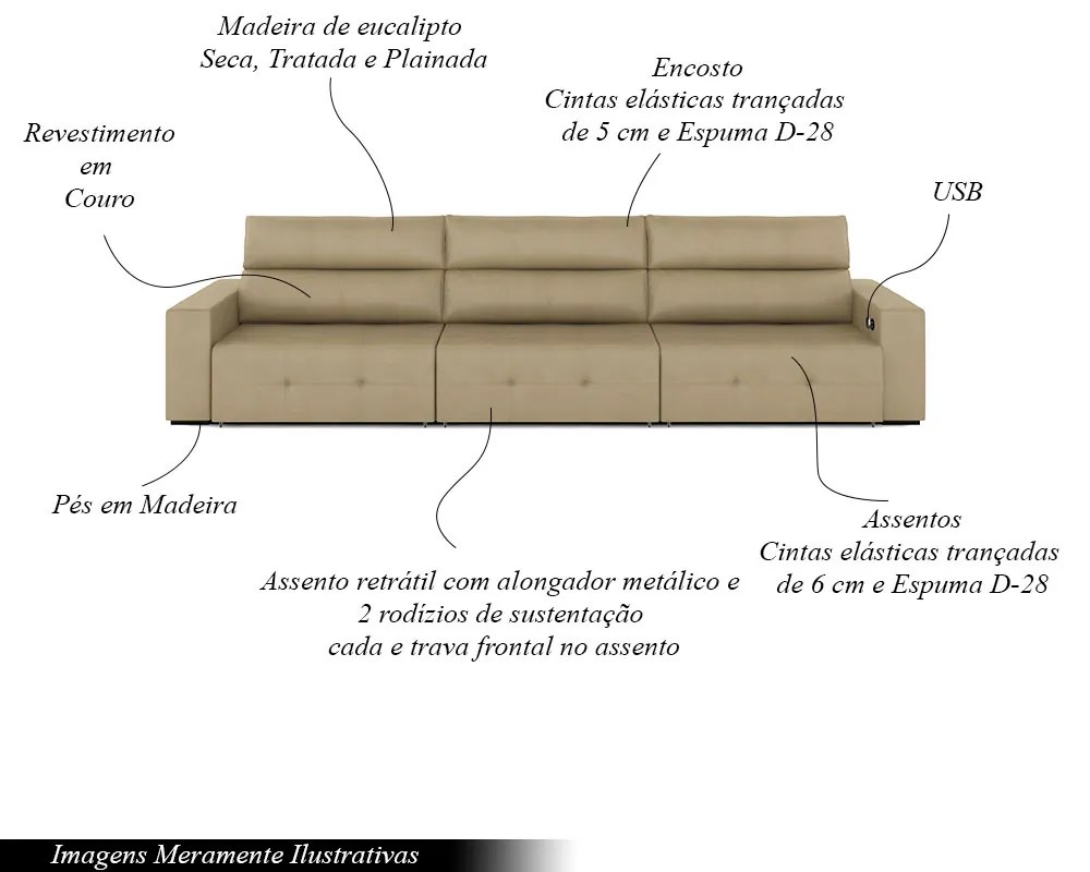 Sofá Retrátil 4 Lugares 284cm 3 Módulos Nero com USB Couro Bege G52 - Gran Belo